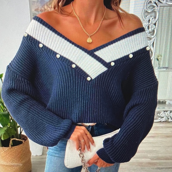 Sweaters - Navy and White Off-Shoulder Sweater